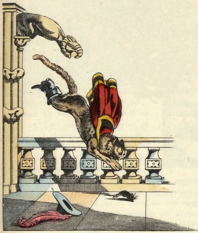 Støvlekatten har bedt troldret om å bli til en mus, hopper for å sluke den. Illustrasjon av Charles Perraults fortelling "Le chat botte" av Unknown artist