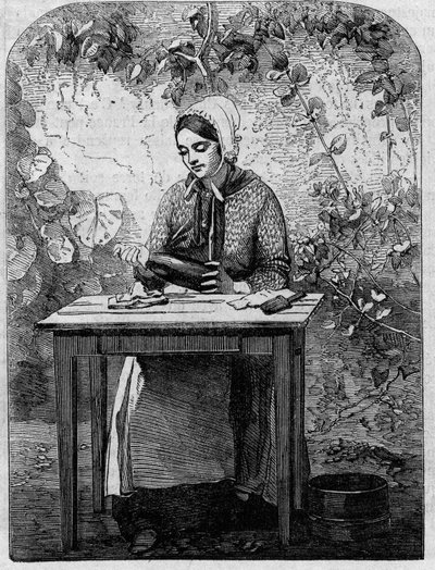 The bottling of Champagne wine. Engraving from 1864. av Unknown artist