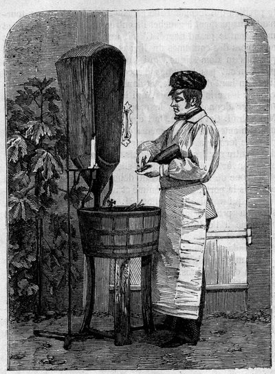 The bottling of Champagne wine. Engraving from 1864. av Unknown artist