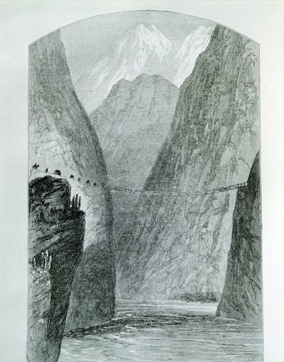 Broen over Apurimac-elven, gravering. Peru av Unknown artist