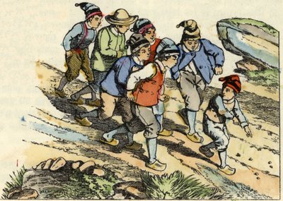 Brødrene følger den Lille Poulet som sådde hvite småstein på veien. Illustrasjon av historien "" Le Petit Poucet"" av Charles Perrault av Unknown artist