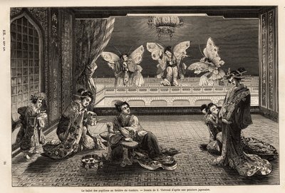 Sommerfuglballetten på Gankiro Theatre, i Miyozaki Pleasure District i Yokohama. Gravering for å illustrere reisen til Japan, av Aime Humbert, minister for det sveitsiske konføderasjonen, i 1863-1864, publisert i "" le tour du monde", under den alvorlige av Unknown artist