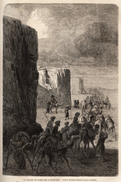 Karavanen til Hajis (muslimske peleriner) i Korantaghi (Persia, Iran). Tegning av Emile Bayard (1837-1891), for å illustrere reisen til Sentral-Asia, i 1863, av Arminius Vambery (ungarsk vitenskapsmann forkledning i dervisj). Gravering i "" Le tour du mond av Unknown artist