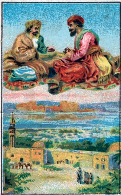 Teppet gleder. Historien om prins Ahmed og avgiften Paris-Banou (Pari Banou) (Paribanu). Fortelling om 1001 netter (fortellinger om tusen og én natt). Kromolitografi fra slutten av 1800-tallet. av Unknown artist