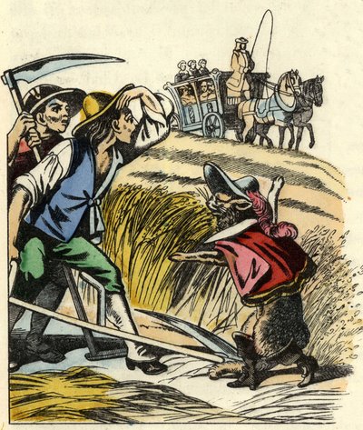 Katten tvinger bøndene til å si at åkeren der de klipper hveten tilhører Marquis de Carabas. Illustrasjon av historien "The cat botte" av Charles Perrault av Unknown artist