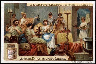 Perikles århundre (495-429 f.Kr.): bankett for Perikles og Aspasie (470-400 f.Kr.) - Liebig-kromolitografi av Unknown artist