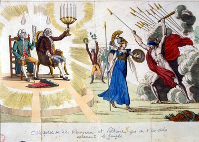Lumieres århundre: filosofene Jean Jacques Rousseau og Voltaire, fra fortiden til fortiden, belyser folket - allegori av Unknown artist