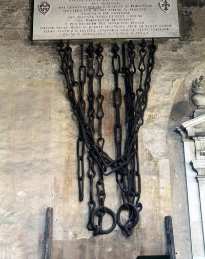 Kjedene som stengte havnen i Pisa. De ble tatt av genoveserne under seieren til Meloria mot Korsika i 1284 og deretter gitt til Firenze og returnert til byen Pisa i 1858. Pisa Camposanto. av Unknown artist