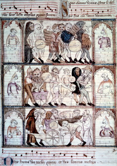 Charivari-festen for bryllupet til Fauvel. Prosesjon av musikere og transvestitter. Miniatyr fra manuskriptet "Le roman de fauvel" av Gervais du Bus (Gerves du Bus) av Unknown artist