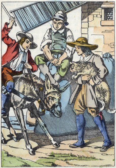 The children of the handler, who just died, share his property: donkey, mill and cat. Illustration of the tale “The cat botte” by Charles Perrault av Unknown artist