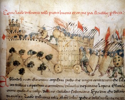 Byen Firenze erobret Pietrabuona, som innbyggerne i Lucca senere overtok - i «Croniche del Sercambi», rundt 1400. Nasjonalarkivet, Lucca. av Unknown artist