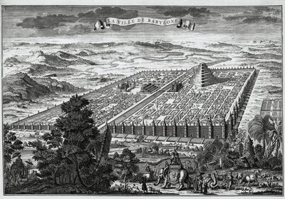 The city walls of Babylon surrounding the hanging gardens and the tower of Babel - av Unknown artist