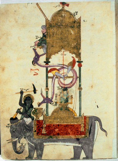 Klepsydraen har elefanten Dette er en middelaldersk muslimsk oppfinnelse som består av en elefantformet vannklokke designet av den tyrkiske ingeniøren Ibn al-Rajjaj al-Jazari (Al Rajjaj Al Jazari) (1136-1206) rundt 1200. Oppfinnelse designet av den tyrkisk av Unknown artist