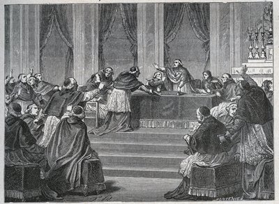 Presten fra Frankrike og Italia møttes i Paris til forsamlingen av det franske nasjonalrådet 9. juni 1811, ledet av kardinal Fesch (1763 - 1839). av Unknown artist