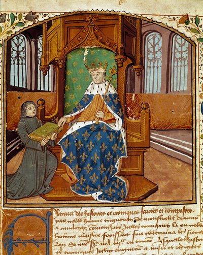 Spaltistforfatteren Enguerrand de Monstrelet (1400-1453) donerer sin bok til kong Charles VII (1403-1467) Miniatyr fra "Chronicles d
