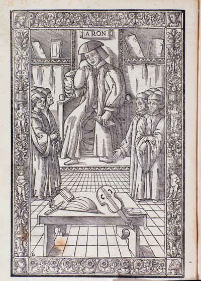 Komponisten og musikkteoretikeren Pietro Aaron som styreleder blant elevene hans. Illustrasjon fra Toscanello i musica av Unknown artist