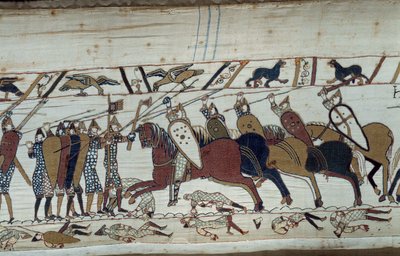 Erobringen av England av hertugen av Normandie Vilhelm Erobreren (1027-1087) i 1066: scene for slaget ved Hastings som motarbeidet det normanniske infanteriet til det saksiske kavaleriet. Detalj av billedvev av Bayeux eller broderi av dronning Mathilde av Unknown artist