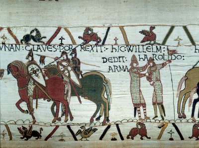 Erobringen av Bretagne av hertugen av Normandie Vilhelm Erobreren (1027-1087): til venstre mottar hertugen nøklene til byen Dinan, til høyre gjør han en ridder Harold, sendt av den engelske kongen Edward Bekjenneren Detalj av billedvev av av Unknown artist