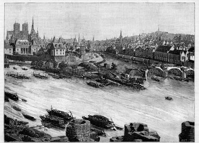Byggingen av Pont Neuf i Paris som går gjennom Square du Vert-Galant ved enden av Ile de la Cite. De første verkene i 1578. Gravering i "" Le Monde illustrious"" av Unknown artist