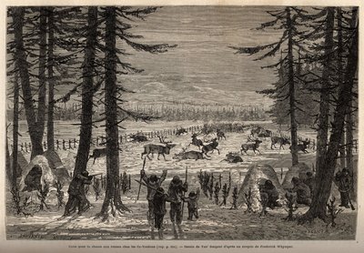Korallen for reinsdyrjakt i Co-Yukon (co-Yukon eller co-Youkouk) (indisk stamme i det ekstreme nordlige Canada). Gravering for å illustrere reisen og eventyrene i engelsk Colombia, Vancouver Island og Alaska, av Frederick Whymper av Unknown artist