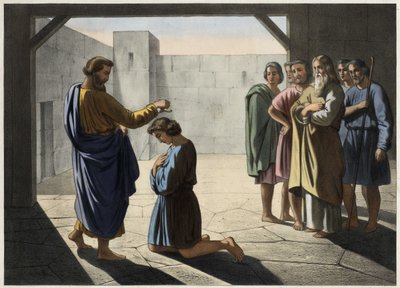 The coronation of David: Samuel designates David as king of Israel. Anonymous engraving of the 19th century. av Unknown artist