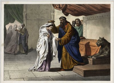 Kroningen av Ester: Perserkongen Assuerus 1. (Xerxes 1.) kroner sin kone Ester. Anonym gravering fra 1800-tallet. av Unknown artist