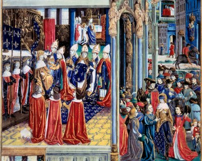 Kroningen av kong Saint Louis (Louis IX) (1214-1270) den 29/11/1226 i katedralen i Reims"" Miniatyr fra et manuskript "" Faktaboken Monsignor Saint Louis""" 1400-tallet. Paris, B.N av Unknown artist