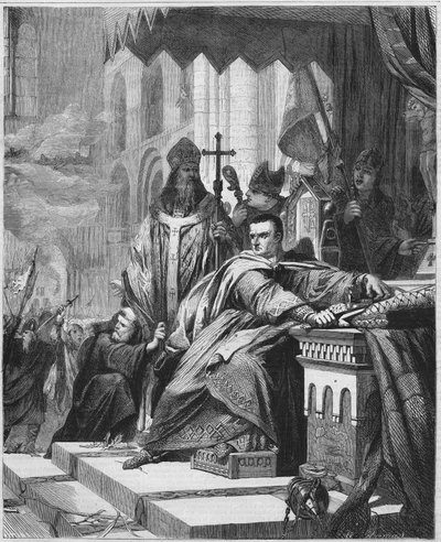 Kroningen av Vilhelm I Erobreren (1027 til 1087) i 1066. Hertugen av Normandie (1035 - 1087) og kongen av England (1066 - 1087). Gravering fra 1800-tallet. av Unknown artist