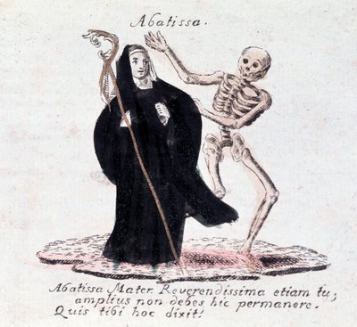 Dødedansen, abbedissen og et skjelett (Trykk) av Unknown artist