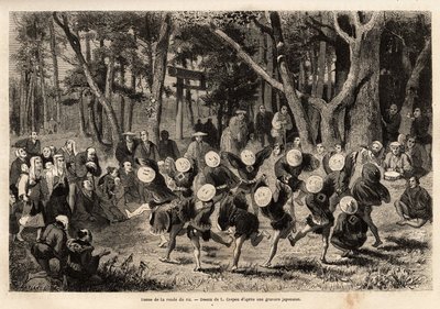 Dansen av risrunden, som finner sted i årets 10. måned, er relatert til kornavlinger. Gravering for å illustrere reisen til Japan, av Aime Humbert, minister for det sveitsiske konføderasjonen, i 1863-1864, publisert i "" le tour du monde"", und av Unknown artist