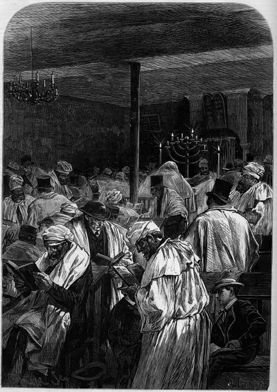 Dagen for jødenes store tilgivelse eller feiringen av Yom Kippur i en synagoge på rue Saint Louis en l