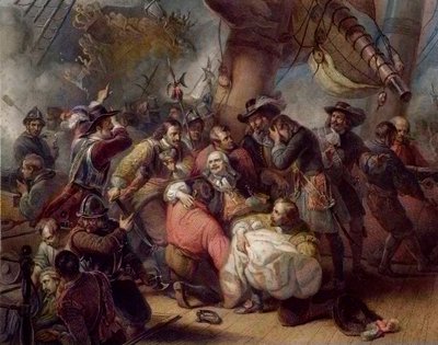 Admiral De Ruyterdes død - død av Michel de Ruyter (Michiel Adriaenszoon de Ruyter (1607-1676), generalløytnantadmiral i De forente provinser, marinehelter som spilte en stor rolle under de anglo-nederlandske krigene på 1600-tallet, mot den E av Unknown artist
