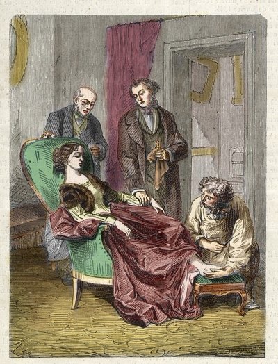 Hannah Greeners død forårsaket av inhalering av for mye kloroform (anestesi) - 1848 - Hannah GREENER, en 15 år gammel jente bukker under for en synkope under en kloroformbedøvelse administrert for å operere en inkarnert negl - gravering av Unknown artist