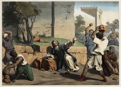 Dødsfallet til Saint Stephen: Saint Stephen steinet av jødene regnes som den første kristne martyren. Anonym gravering fra midten av 1800-tallet. av Unknown artist