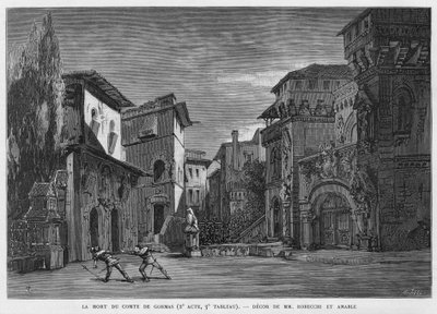 Døden til greven av Gormas, far til Chimene, drept av Cid under en duell Illustrasjon av "" Le Cid"" opera av Jules Massenet, etter stykket av Pierre Corneille og diktet av Guillen de Castro. Gravering av 1800-tallet av Unknown artist
