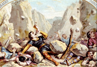 Dødsfallet til Ridder Roland, nevø av Charlemagne, i slaget ved Roncesvaux, 778. kromolitografi rundt 1900. av Unknown artist