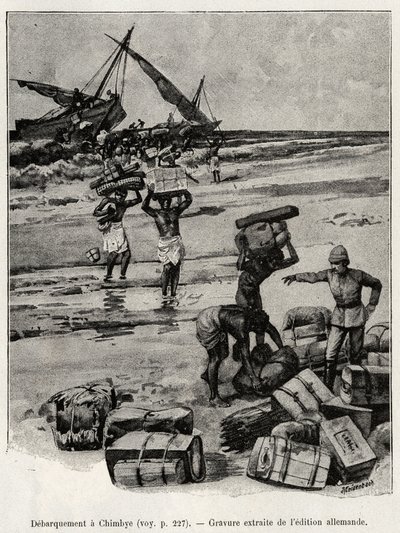 Avbarkingen ved Chimbye (Tanzania) av Peters-ekspedisjonen. Gravering for å illustrere historien "Au secours d