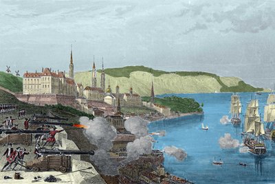 Forsvaret av Quebec av grev Louis de Buade, grev av Frontenac (1622-1698) 16.10.1690. Coloree gravering i "Histoire generale de la marine" av Van Tenac av Unknown artist