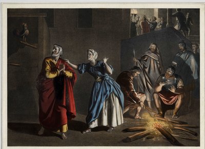 The denial of St. Peter: as Christ had predicted, St. Peter denies Christ three times while the rooster announces the day. Anonymous engraving from the middle of the 19th century. Anonymous engraving from the middle of the 19th century. av Unknown artist