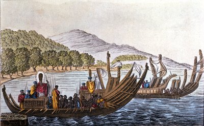 Avdelingen for polynesere for Stillehavet ombord på kanoer med dobbeltskrog. Litografi fra begynnelsen av 1800-tallet av Unknown artist