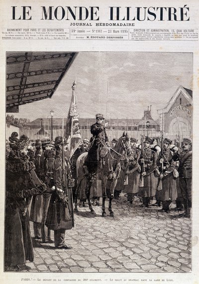 Avgangen til kompaniet til det 200. regiment. Hilsen til flagget i Gare de Lyon. ""Den illustrerte verden"". 23.03.1895. Tegning. av Unknown artist