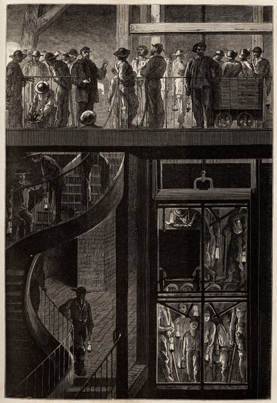 Nedstigningen av gruvearbeidere (menn, kvinner og barn) gjennom heisburet inn i de underjordiske galleriene til Creusot-kullgruvene. Gravering for å illustrere en reise til Creusot og gruvene i Saone og Loire, i 1865, av L. Simonin, i "" Le tour du m av Unknown artist