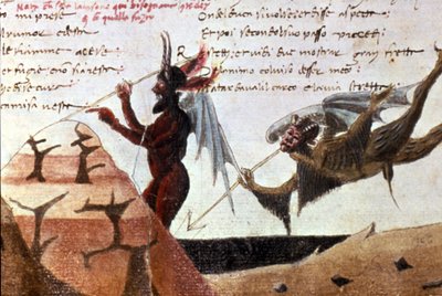 Djevlene i en sirkel av helvete etter en håndskrevet utgave av Divina Commedia (guddommelig komedie) av Dante Alighieri (1265 - 1321) fra 1300-tallet. Bibl.Trivulziana Milan. av Unknown artist