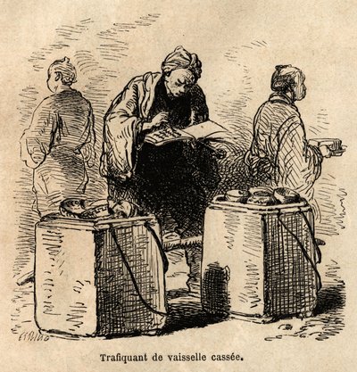 Den skitne tallerkenhandleren. Gravering for å illustrere reisen til Japan, av Aime Humbert, minister for det sveitsiske konføderasjonen, i 1863-1864, publisert i "" le tour du monde", under ledelse av Edouard Charton, Hachette, Paris 1869. Selva Collectio av Unknown artist