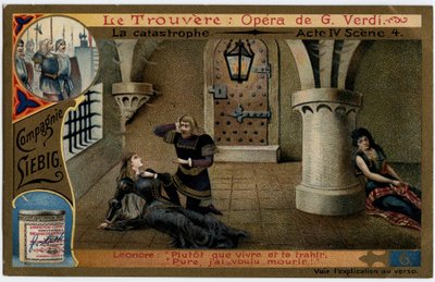 The disaster act IV scene 4. Illustration for the opera “” The find”” (Il trovatore) by Giuseppe Verdi (1813-1901). Chromolithography (Chromo) Liebig from the end of the 19th century. av Unknown artist