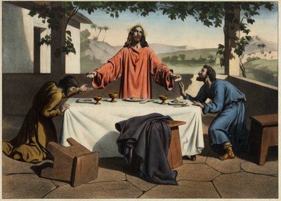 Disiplene til Emaus (Emmaus) møter den oppstandne Kristus påskekvelden, som deler brød. Anonym gravering fra midten av 1800-tallet. av Unknown artist