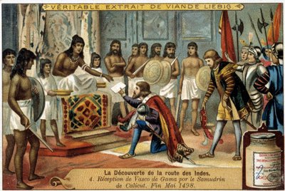 Oppdagelsen av ruten til India: Mottak av Vasco da Gama av Samudrin fra Calicut, slutten av mai 1498 - reklamevignett Liébig av Unknown artist