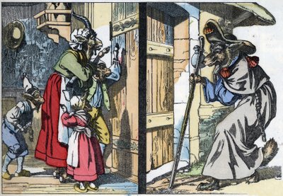 Forkledningsulven banker på døren til huset med bukken og bikettene. Illustrasjon av fortellingen "Compere le Loup, Maitre Renard, Comere la Chevre et ses petits biquets"" etter en fabel av Jean de la Fontaine. I “” Fortellinger fra hjemmet for de små av Unknown artist