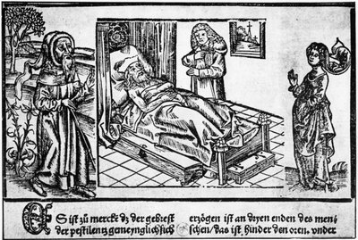 Legen i sengen til pestiferéen, tregravering av "Liber pestilentialis" av Jérôme Brunschwig, Strasbourg av Unknown artist