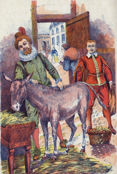 The donkey with gold ecus. Illustration for “” Donkey Skin”” tale by Charles Perrault (1628-1703), French writer. Anonymous illustration. Imagery Marcel Vagne, Jarville Nancy, undated (late 19th century). av Unknown artist